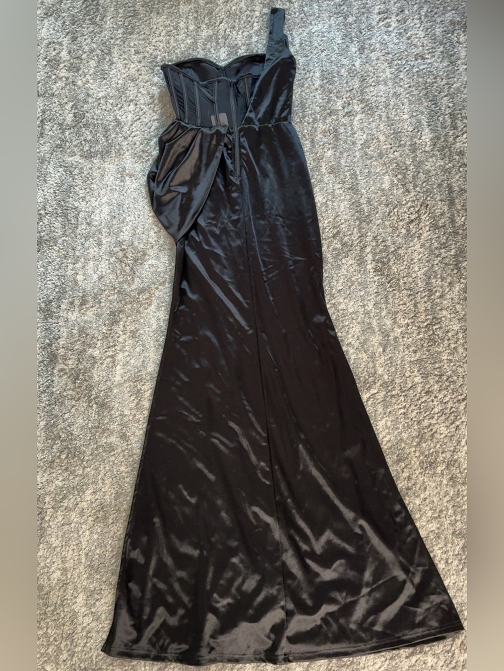 Windsor Black Satin Bustier Mesh-Panel Prom Gown with Thigh Slit - Picture 7 of 9